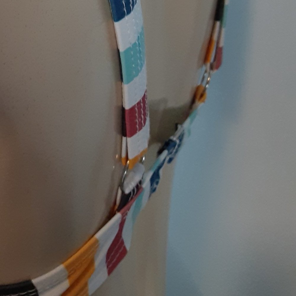 White/Red/Blue/Yellow/Black Multicolored Striped Tie Bust Bikini Top - Picture 9 of 14